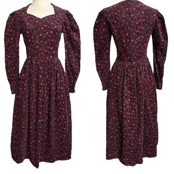 80s Vintage Laura Ashley Corduroy Dress Floral Cottage Preppy Puff Sleeve. - Picture 12 of 13